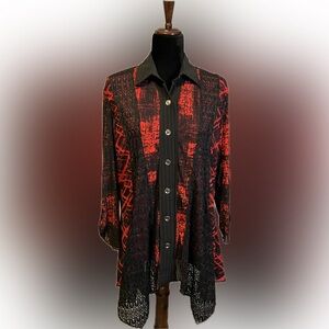 Calessa Red and Black Button-Up Textured Blouse size L